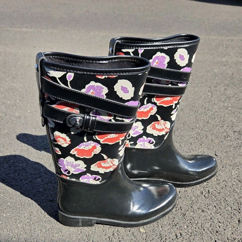 Coach Trisha II Black Floral Rubber Rain Boots Round Toe Women's Size 6